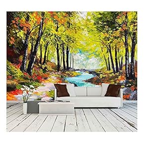 Landscape Oil Painting - River in Autumn Forest - Removable Wall Mural | Self-Adhesive Large Wallpaper - 66x96 inches