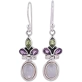 NOVICA Artisan Rainbow Moonstone Dangle Earrings Amethyst and Peridot from India Sterling Silver Clear Green Purple Gemstone Birthstone [1.7 in L x 0.4 in W x 0.2 in D] ' Eternal Charisma'