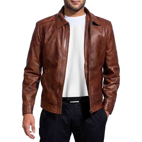 Classic Collarless Leather Jacket, Tan Brown, Zip Front, Quilted