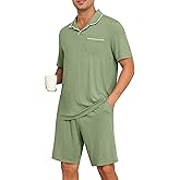 PrinStory Mens Pajamas Set Summer Pjs Sets Lightweight Short Sleeve Pajama Soft Sleepwear Loungewear with Pockets