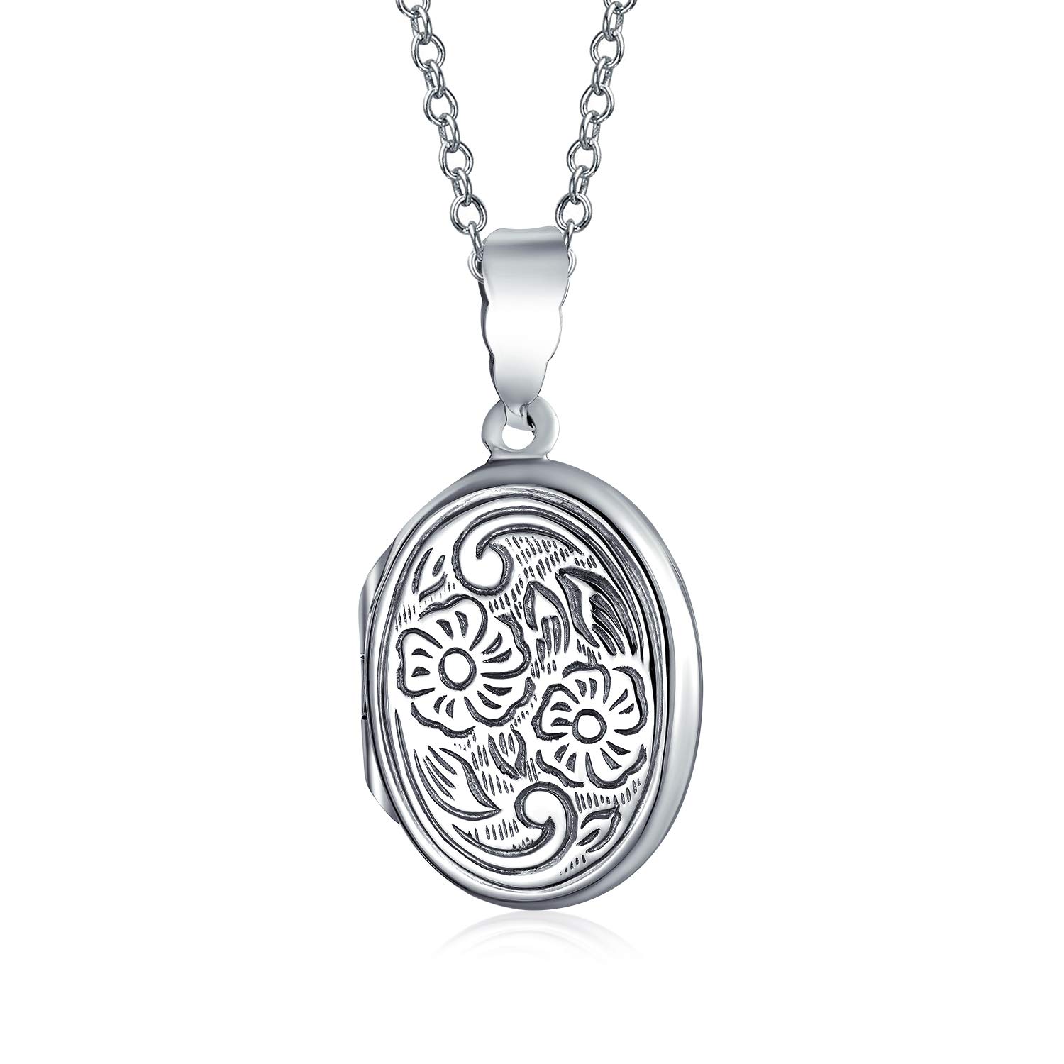Bling Jewelry Vintage Style Embossed Scroll Floral Flower Sunflower Photo Oval Lockets Necklace Pendant For Women That Hold Pictures Oxidized .925 Sterling Silver Med