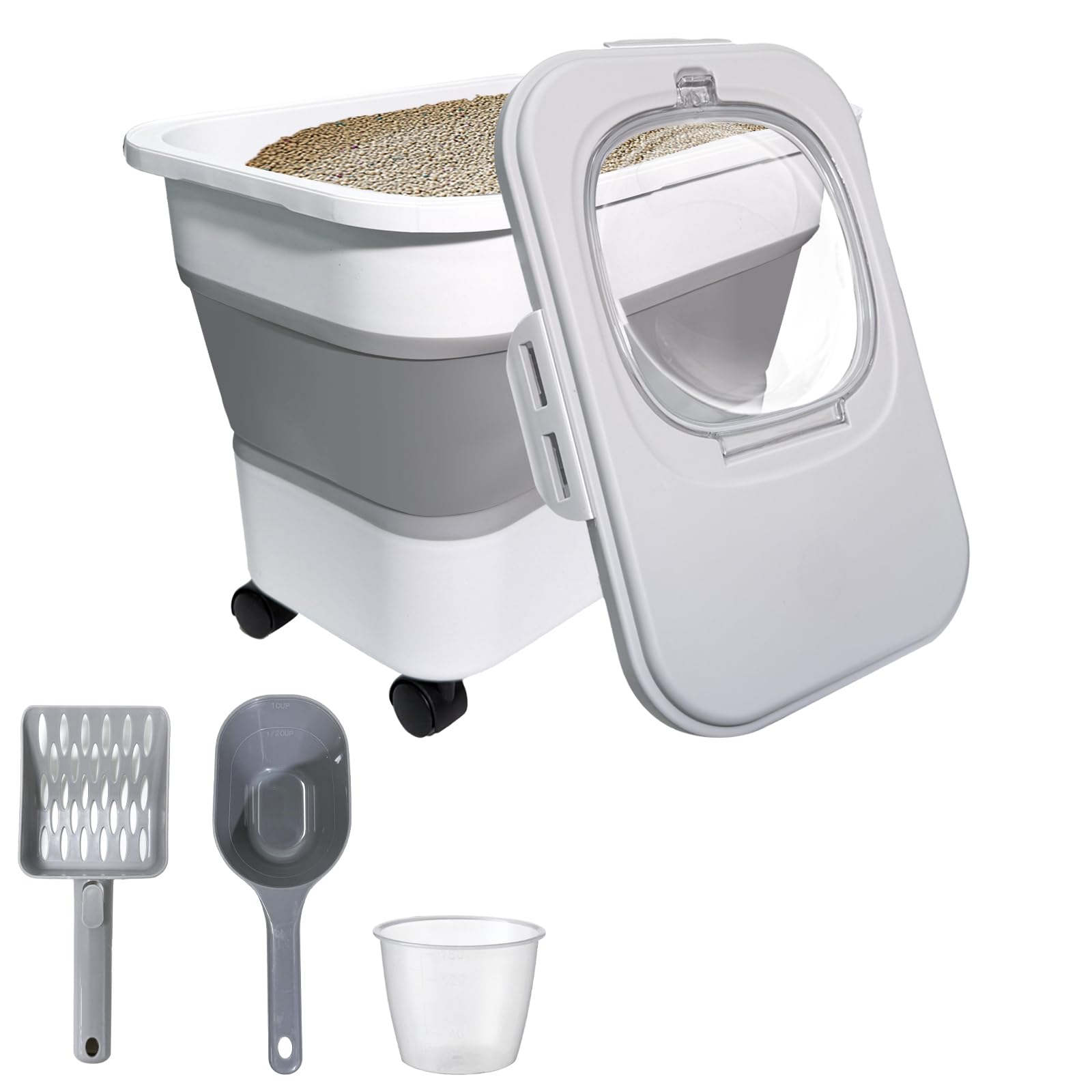 Photo 1 of Collapsible Cat Litter Storage Container with Rolling Casters,20 Lbs Cat Litter Storage with Wheels,Airtight Lids,Cat Litter Shovel,Portable Cat Litter Storage Bin Container,BPA Free (Gray)