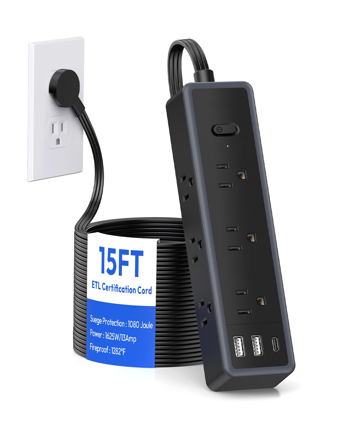 Photo 1 of Flat Extension Cord 15 FT?Surge Protector Power Strip with 9 Widely Outlets and 3 USB Ports (1 USB-C), Flat Extension Cord with Multiple Outlets, 1080 Joule, Wall Mount, for Home Office, Dorm,Black