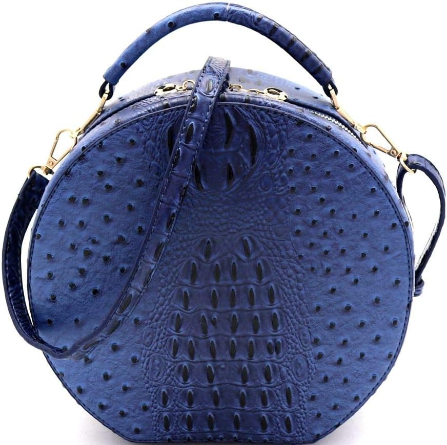 Ostrich Print PU Leather Structured Round Medium Top-Handle Satchel Bag with Crossbody Shoulder Strap