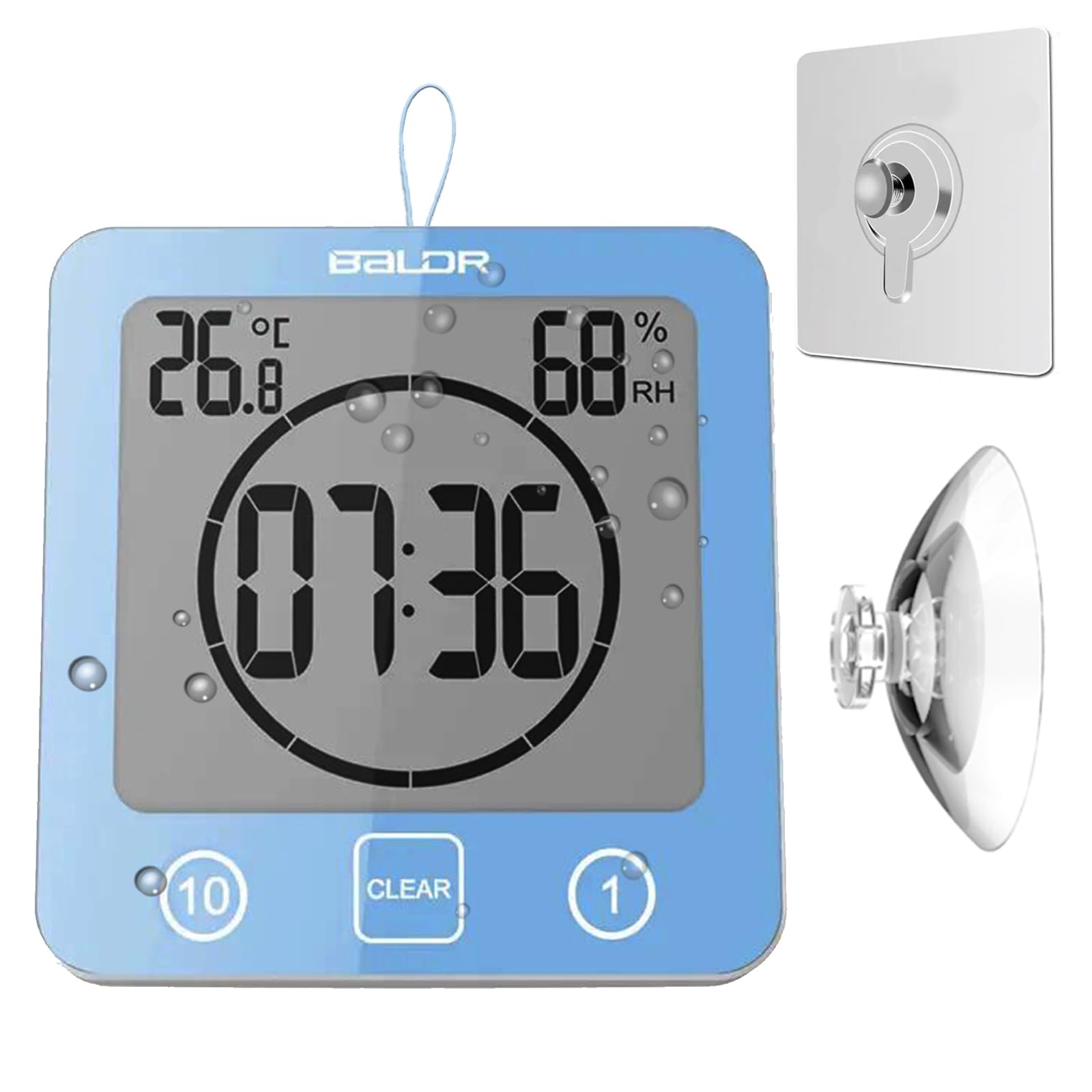 Waterproof Bathroom Wall Clock Shower Timer, Digital Large Visual Countdown Alarm Clock with Temperature Humidity, Mirror Suction & Rope Hanging & Stand, Easy Table Timer for Bath Kitchen Spa (Blue)