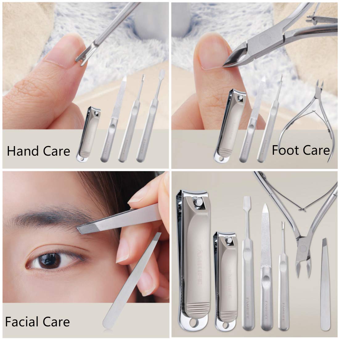 FAMILIFE Manicure Set, 7 in 1 Professional Manicure Pedicure Set Nail Clipper Set, Stainless Steel Professional Grooming Kit with Gray Leather Portable Travel Nail Clipper Set for Men Father : Beauty