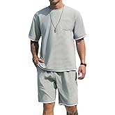 SPKPKEY Men's Fashion 2 Piece Waffle Shirt and Shorts Sets Summer Beach Outfits Casual Tracksuits Set with Pockets