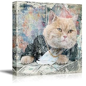Square Cat Series Canvas Wall Art - You Still Want to Play? Big Brother Cat with Cash on Colorful Background - Giclee Print Gallery Wrap Modern Home Art Ready to Hang - 12x12 inches
