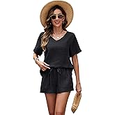 FIOPHY Women's 100% Linen 2 Piece Outfits Summer Lounge Sets V Neck Short Sleeve Tops Elastic Waist Shorts Track Suits Set