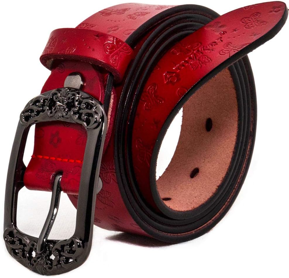 AmyKer Women Vintage Genuine Leather Belts With Embossed Buckle Belts for Jeans Pants Dresses, Red,Yellow,Brown,Black,Gift Box,Ak011