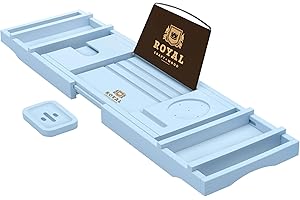 ROYAL CRAFT WOOD Luxury Bathtub Caddy Tray, One or Two Person Bath and Bed Tray, Bonus Free Soap Holder (Blue)