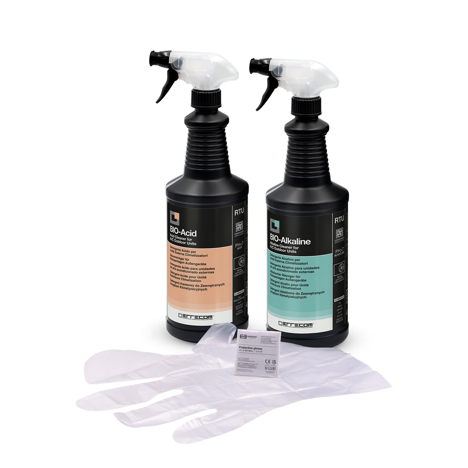 ERRECOM Cleaning Kit for A/C Condensers with Biodegradable Surfactants, includes 1 L Bottle of Acid Cleaner BIO-Acid, 1 L Bottle of Alkaline Cleaner BIO-Alkaline and Disposable Gloves