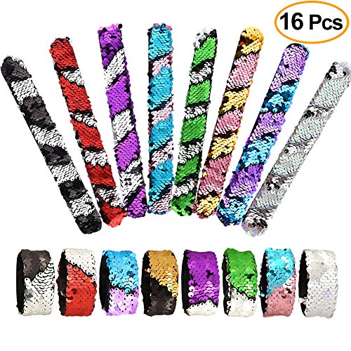 KUUQA 16 Pcs Magic Sequins The Mermaid Bracelets 2-Color Sequin Reversible Glitter Slap Bracelets Charms Wristband for Kids Little Mermaid Birthday Party Favors Bags Supplies (Random Colors)