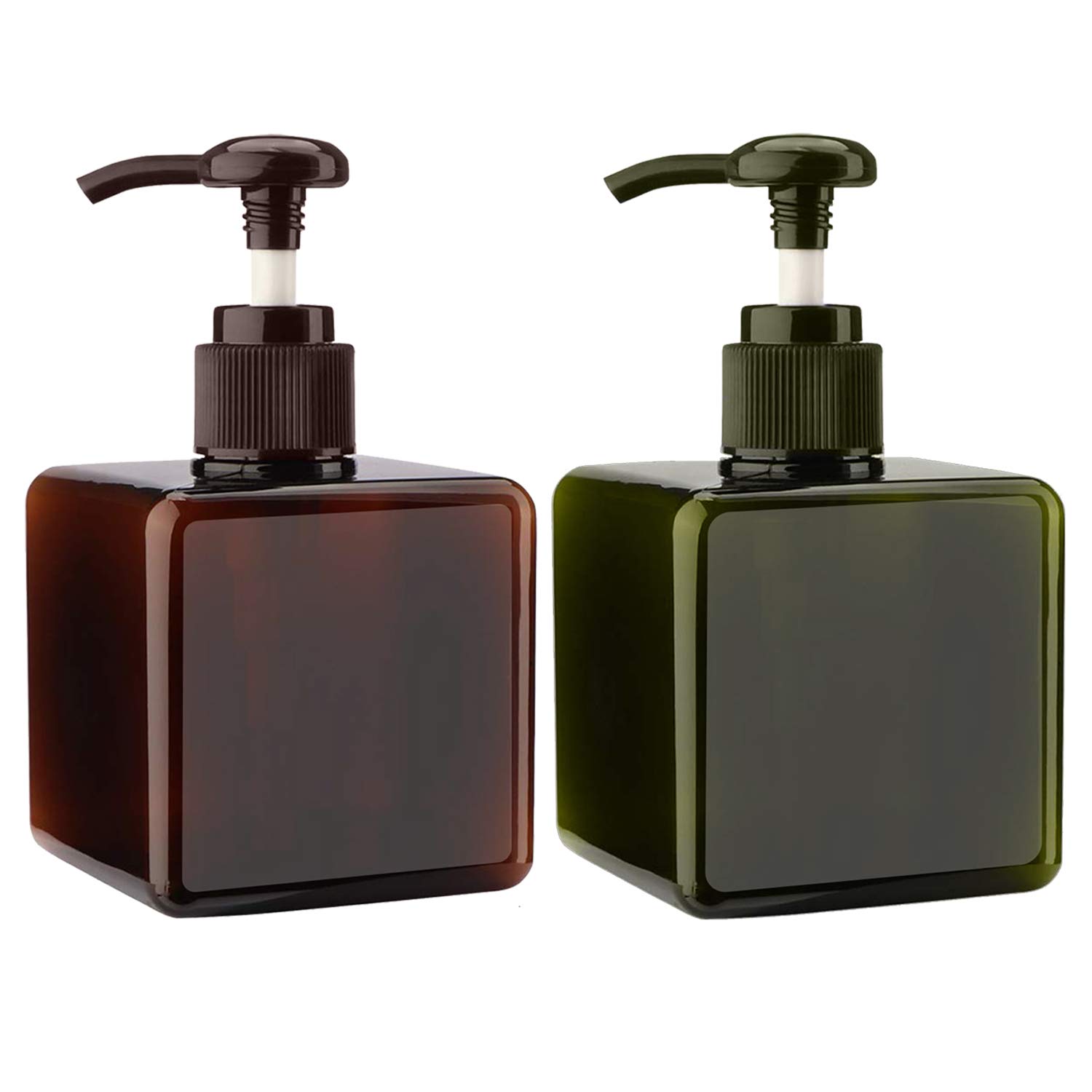 Alledomain 2PCS 250ml / 8.5oz Pump Dispenser Bottle Empty Refillable Plastic Lotion Pump Bottles, Shampoo Body Wash Shower Square Storage Holder Container Toiletries Liquid Dispenser (Green + Brown)