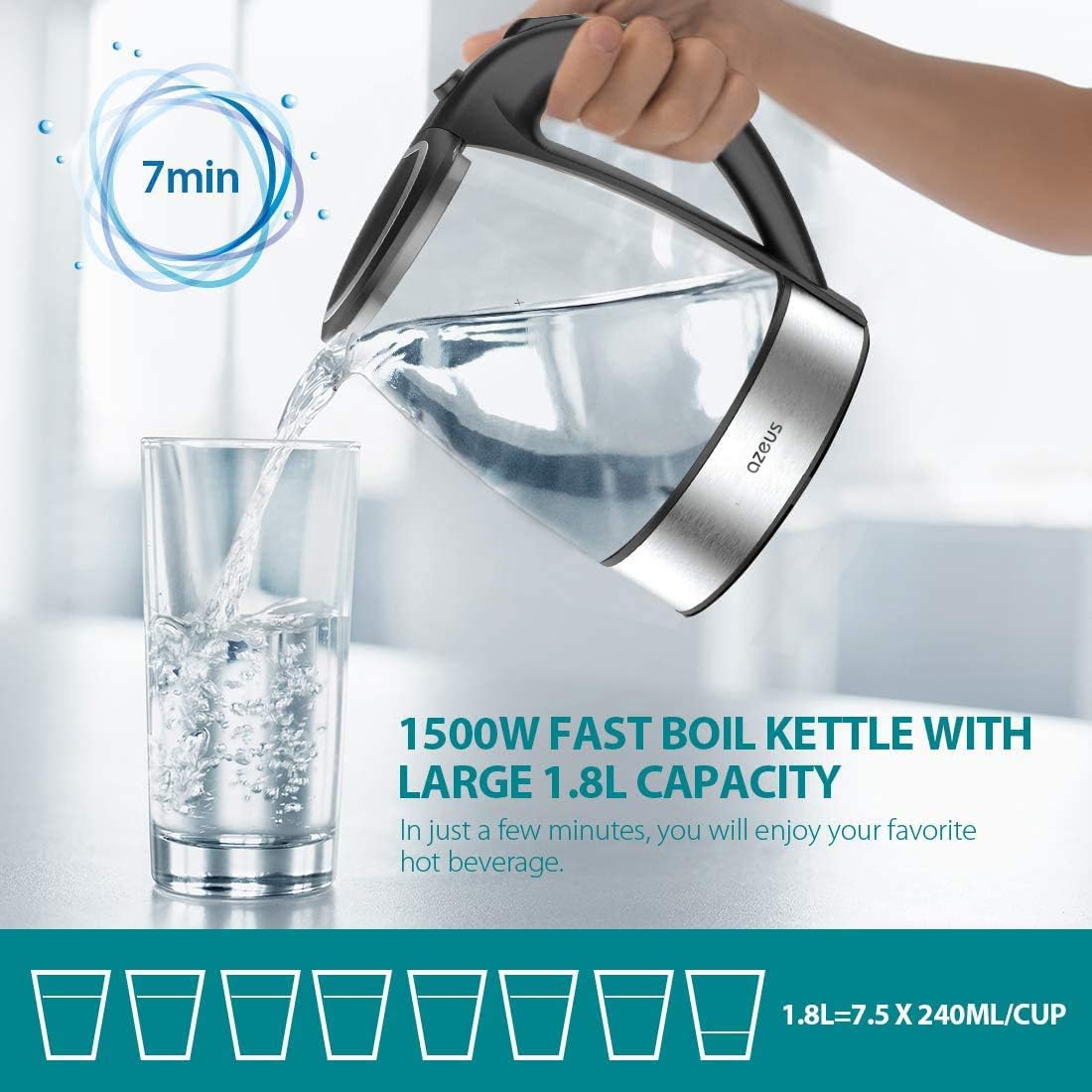 AZEUS Fast Boil Electric Water Kettle, 1.8L Large Capacity with Auto Shut-Off and Boil-Dry Protection, BPA-Free Borosilicate Glass &Stainless Steel - Image 4