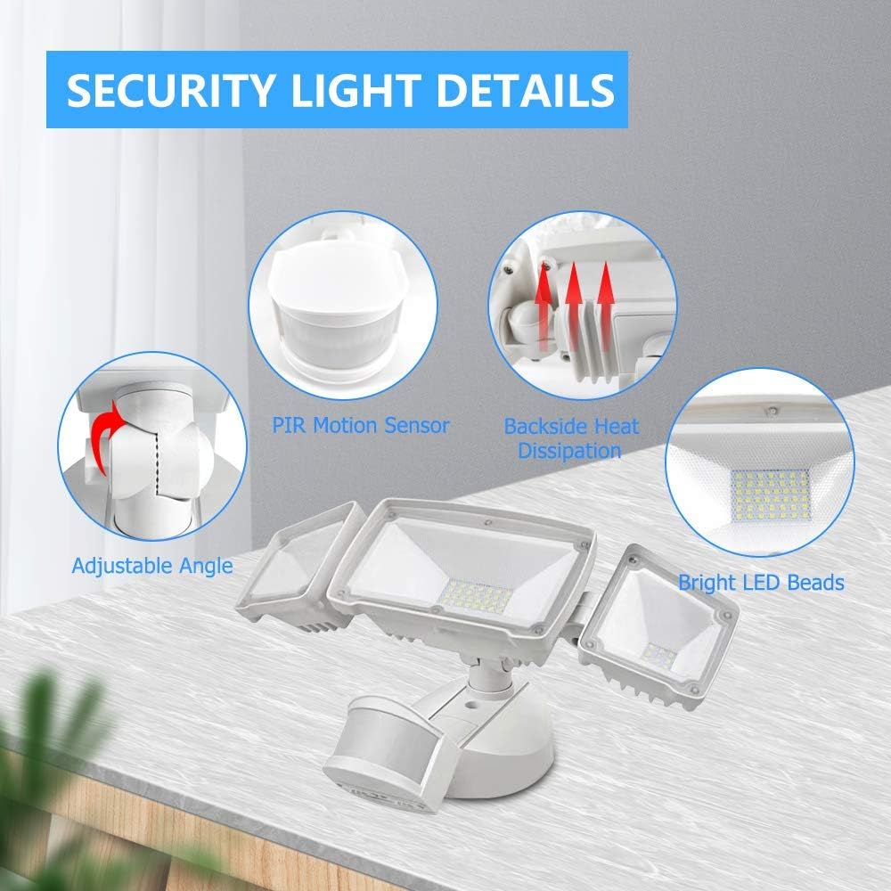 Harmonic LED Security Lights Outdoor 4000LM, 42W 6000K Super Bright Motion Sensor Light, 3 Adjustable Head, IP65 Waterproof Flood Light Outdoor for Entryways, Stairs, Yard and Garage - - 