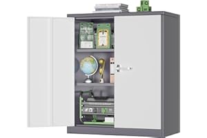 Greenvelly Metal Storage Cabinet, 42” Steel Locking Cabinet with Doors and Shelves,White Gray Metal Utility Cabinet Garage Cabinets, Lockable File Cabinet for Home Office, Garage, Kitchen, Shop