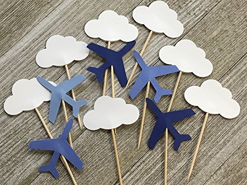 Blue Airplanes and Cloud Cupcake Toppers - Navy Blue Medium Blue and Light Blue Planes - Party Picks - Jet Food Picks - (Set of 24)