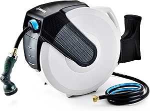 PinWheel Garden Hose Reel Wall Mount, Slow Return 1/2 Inch × 120 + 5 FT Retractable Water Hose Reel Automatic Rewind with Any Length Lock, 8 Pattern Hose Nozzle, 180°Swivel Bracket