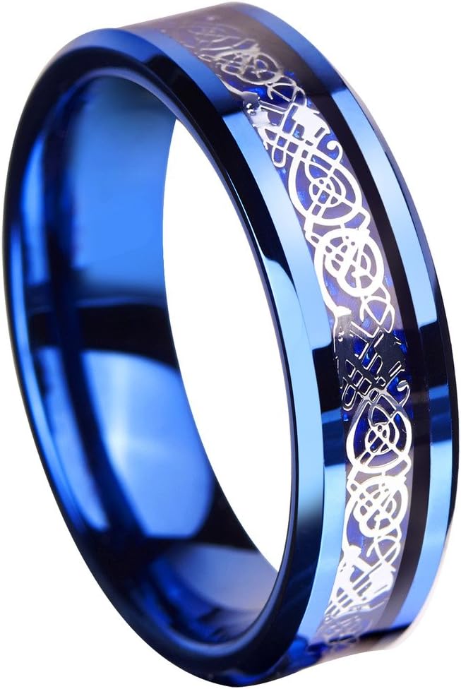 QUEENWISH 6MM Blue Tungsten Carbide Ring Silvering Celtic Dragon Blue Carbon Fibre Inlay Mens Wedding Band Jewelry