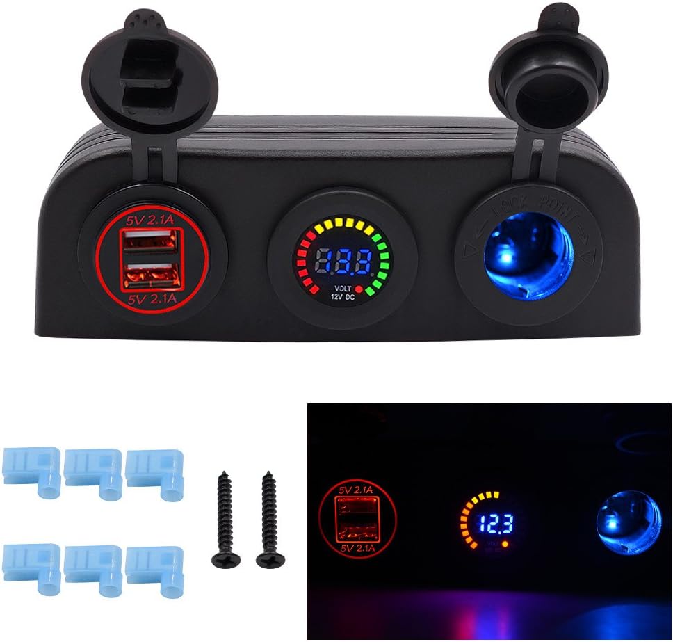 LIJS Marine DC 12V Power Socket + DC Colourful Voltmeter+dual Usb Sockets RV Three Hole Tent Socket Power Waterproof Boat Camper Caravans