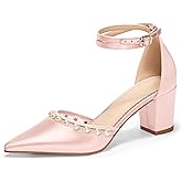 Coutgo Womens Pearl Chunky Heels Wedding Shoes for Bride Closed Pointed Toe Ankle Strap Satin Pumps