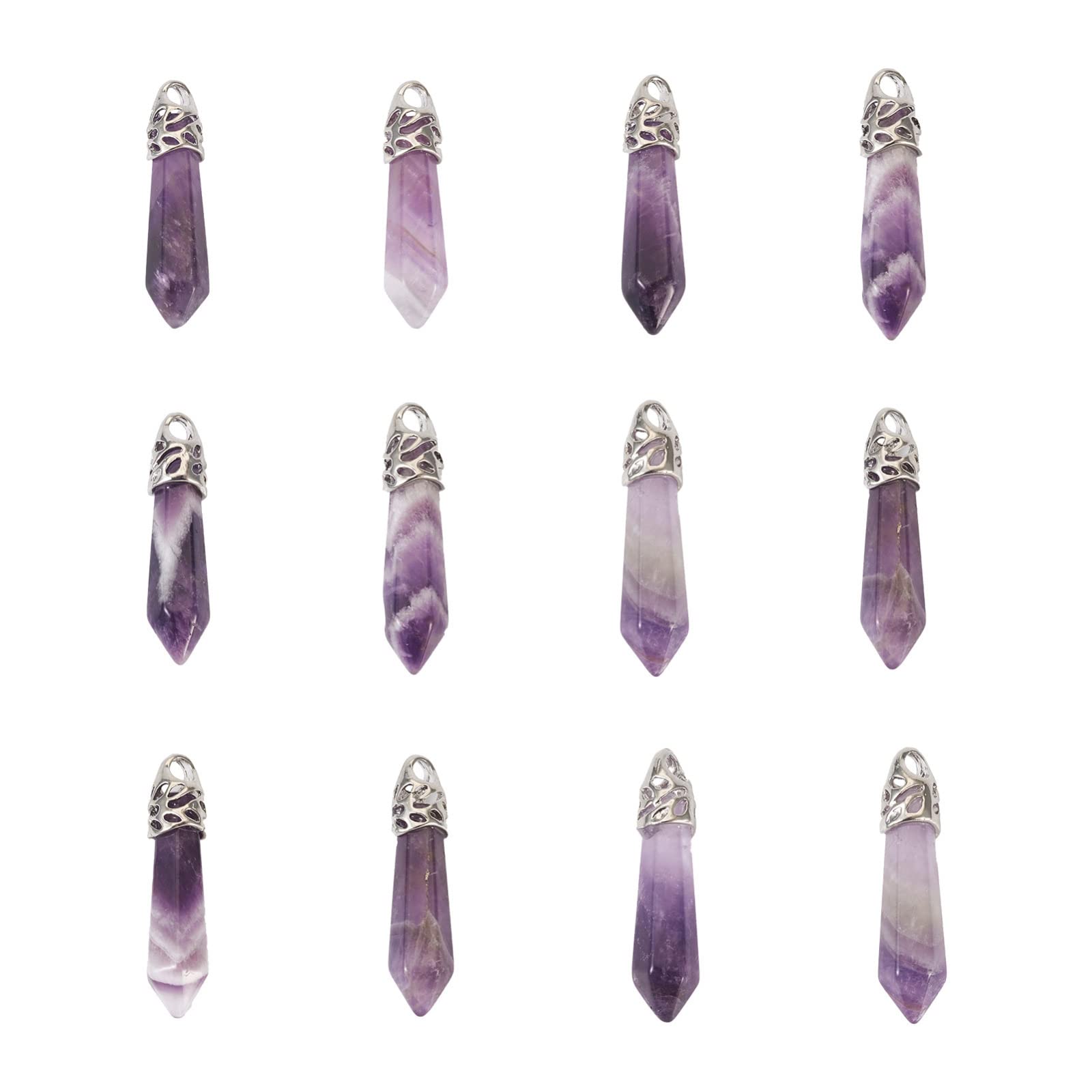 PandaHall 12pcs Bullet Shape Stone Pendants Natural Amethyst Healing Pointed Chakra Beads Crystal Quartz Stone Charms Pendants with Platinum Color Brass Findings for Jewelry Making