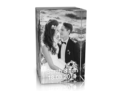 VIP-LASER 2D Gravur Glas Kristall Quader im Hochformat XL mit dem Foto Deiner Hochzeit/Hochzeitsfoto. Dein Wunschfoto für die