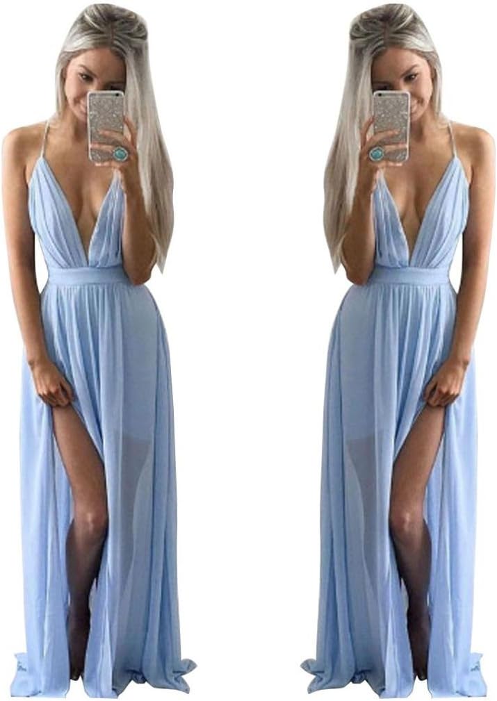 Kstare Sexy Women Summer Chiffon Halter Sleeveless Boho Long Maxi Evening Party Backless Beach Dress (M, Blue)