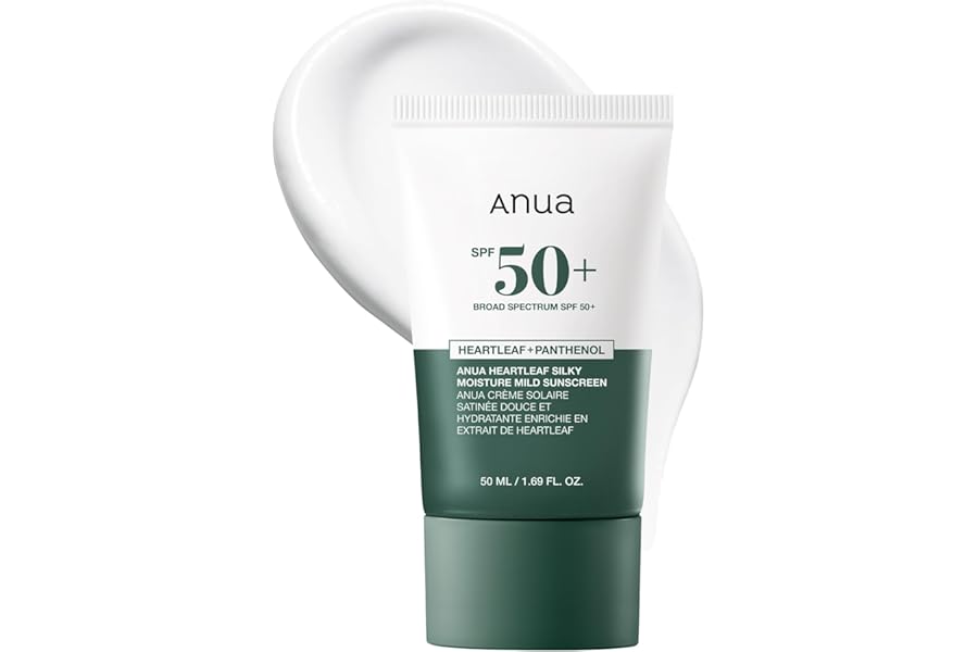 Anua Heartleaf Silky Moisture Mild Sunscreen, Broad Spectrum SPF 50+ with Moisturizing Formula, Lightweight Korean Sunscreen, Natural finish, Vegan, korean skin care 50ml / 1.69 fl. oz.