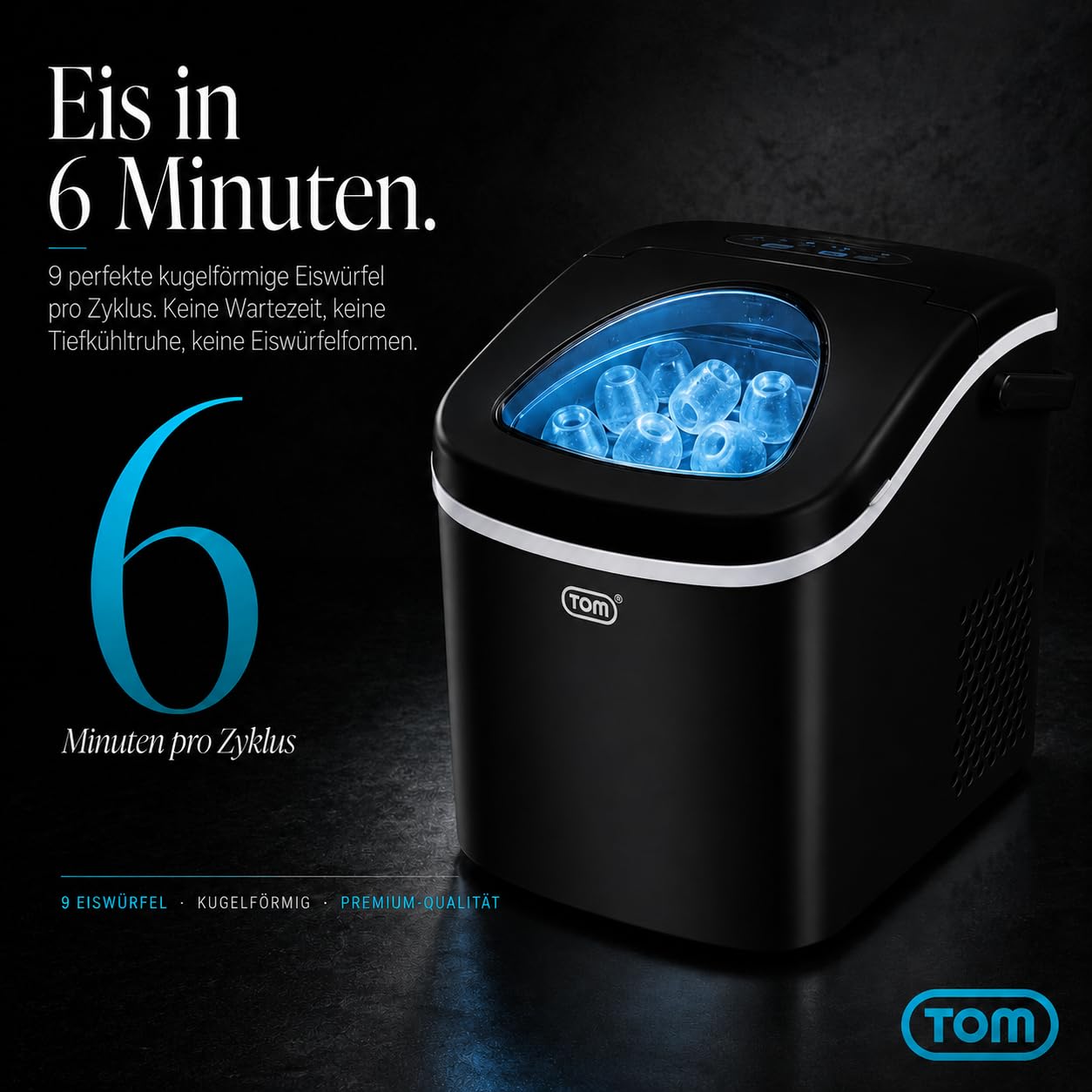 TOM Eiswürfelmaschine – 9 Eiswürfel in 6-8 min – 12 kg/24 h – 2 Würfelgrößen – Ice maker Eiswürfelmacher mit 1,3 l Wassertank – LED-Display – Inkl. Zubehör & Eiszange als Geschenk – Eiswürfelmaschine 5