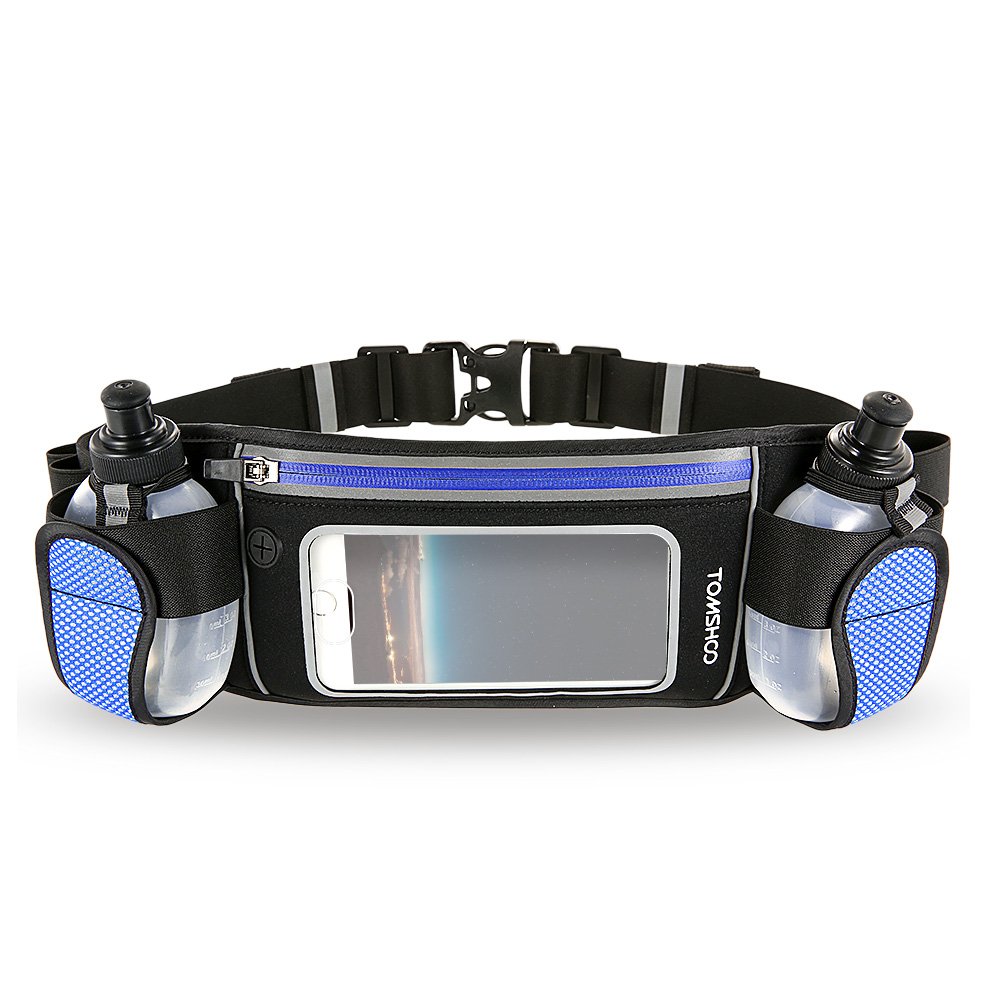 TOMSHOO Running Belt with Water Bottle(2 x 175ML), Running Hydration Belt Bag for Phone, Waterproof Waist Bag Adjustable Multifunctional Sports Belt Bag for Marathon Running Hiking Cycling
