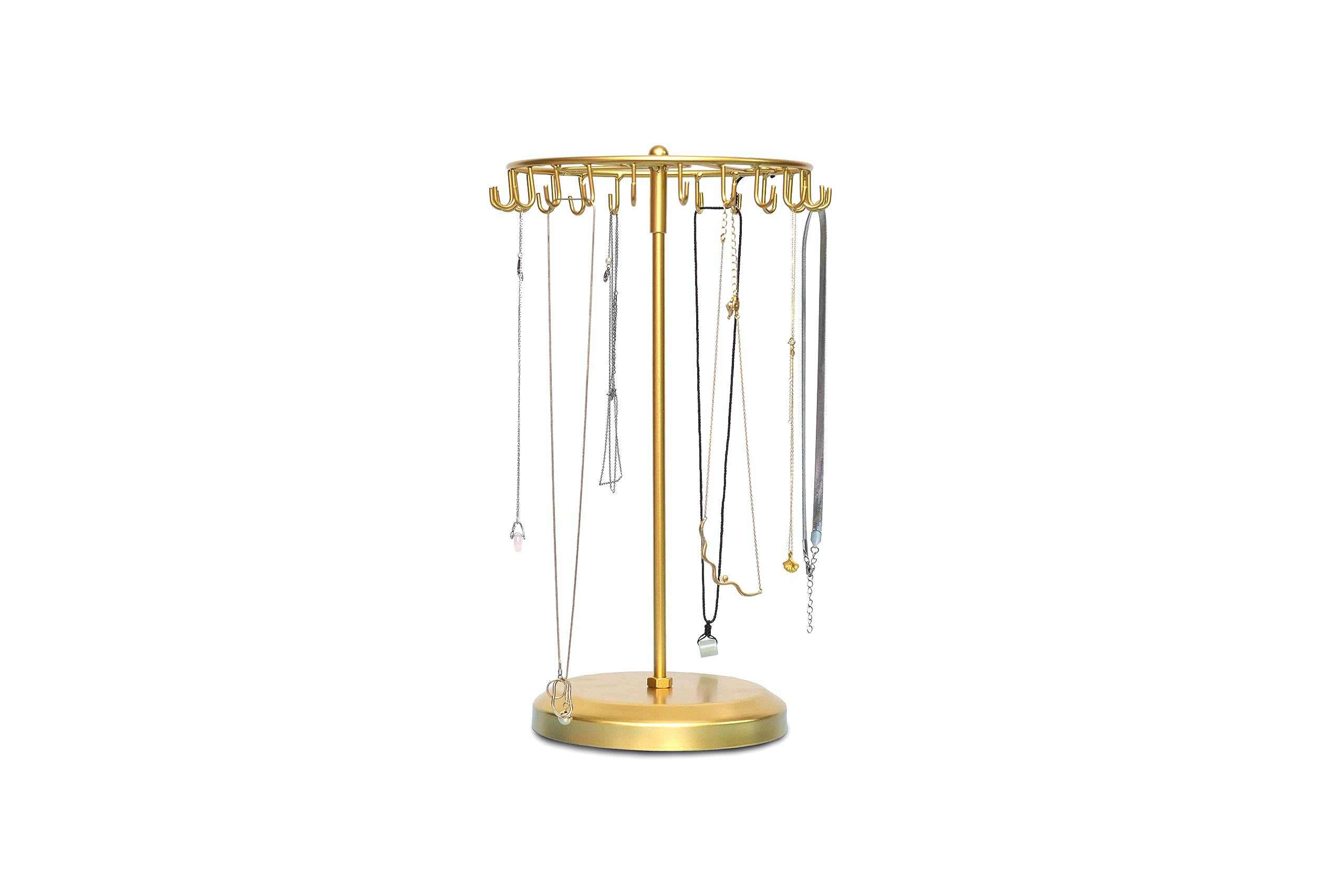 Photo 1 of BOSMIMEO Rotating Necklace Holder Jewelry Display Stand Bracelet Organizer Hanging Tower Rack with 23 Hooks and Round Base Jewelries Collection 17.8inch Gold