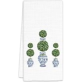 FIicy Blue and White Porcelain Kitchen Towels, Chinoiserie Decor Blue and White Dish Towels, Topiary Trees Decorative Hand Towels for Bathroom Kitchen, Chinoiserie Bathroom Kitchen Decor(16x24 Inch)