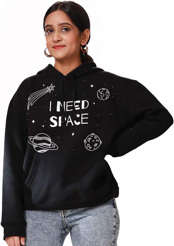POPxo I Need Space Hoodie - Round Neck Designer Printed Cotton Pullover Hoodies for Women & Girls | Full Sleeves | Comfort Fit