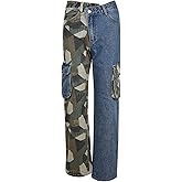Novaorily Women High Waisted Boyfriend Jeans Camo Patchwork Denim Joggers Straight Leg Cargo Pants with Pockets