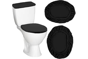 MBAIYO Toilet Tank Cover and Toilet Lid Cover, 2Pcs Washable Toilet Covers Set Elastic Bathroom Toilet Protectors Polyester Universal Stretch Decor Accessories Toilet Top Covers(Black)