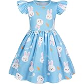 WonderBabe Girls Dresses School Outfits Kids A-Line Midi Casual Sundress | Cartoon Printed Flutter Sleeve Dress For Toddler Girls, Soft Stretch Fabric, Summer Party Casual Outfit