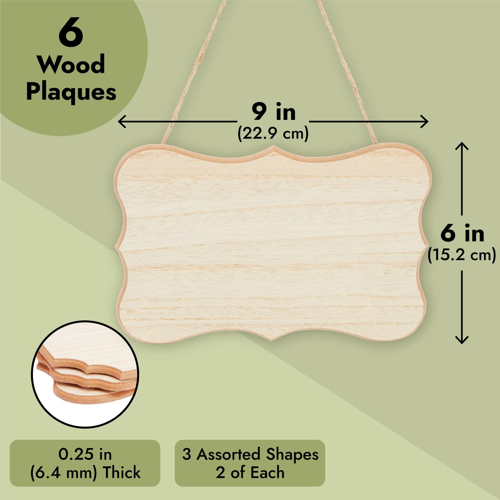 Juvale Wooden Plaques for Crafts - 9x6 Inch Unfinished MDF Blanks with Jute Rope, 1/4 Inch Thick, 6 Pack - Blank Wood Hanging Plaques for DIY Painting & Home Decor - Wooden Craft Hanging Sign