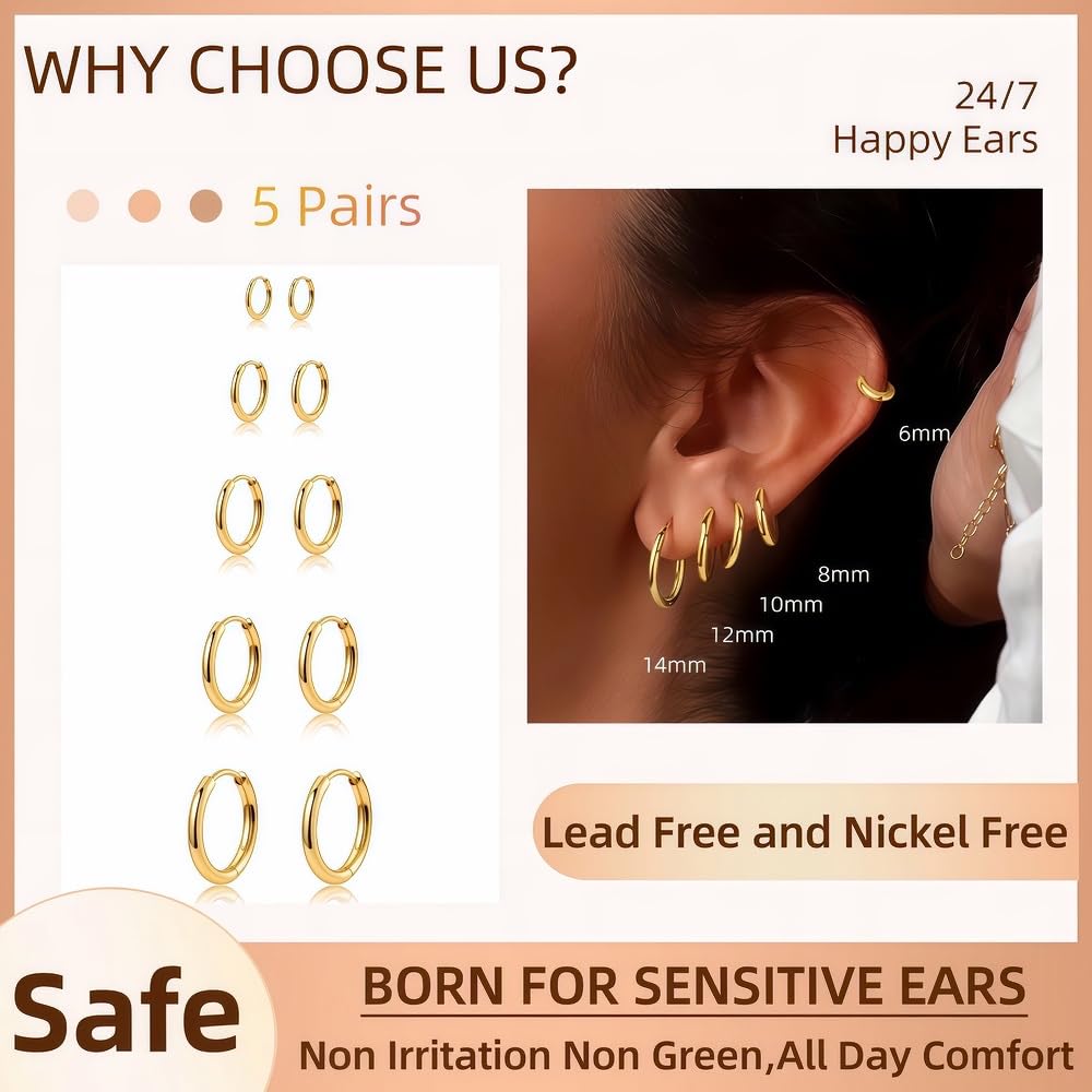 FriBasics 5 Pairs 14K Gold Plated Huggie Hoop Earrings for Women - Lightweight Minimalist Small Hoops, Hypoallergenic Nickel-free Lead-free, Non-Tarnish Everyday Jewelry for Sensitive Ears, Multiple Piercing Stack Set
