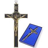 KOMI Metal Crucifix Wall Cross 7.5 Inch Black Enamel Crucifix Wall Hanging Cross -Saint Benedict Metal Wall Art Decor - Catholic Faith Gift for Families Friends