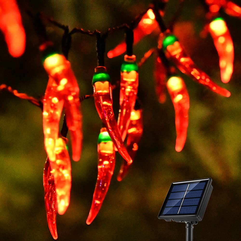 Photo 1 of X-GiftKey 23FT 50LED Solar Red Chili Lights Outdoor - Garden Solar Decorative Lights,Christmas Harvest Lights - LED Solar Red Chili Pepper String Lights for Porch Wedding Party Holiday Decor