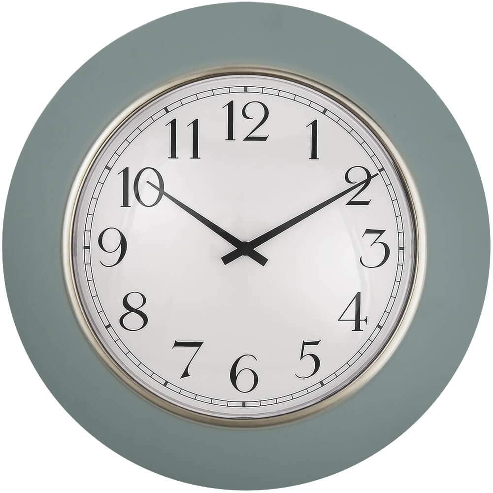 PresenTime & Co 12" Modern Farmhouse Kitchen Wall Clock, Vintage Design, Domed Lens, Morning Gold Ring, Stonewash Blue/Teal Color