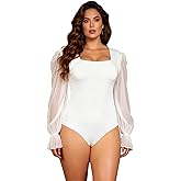 ohyeahlady Women's Square Neck Bodysuit Going Out Tops Mesh Ruched Body Suits Long Sleeve Party Top S-2XL