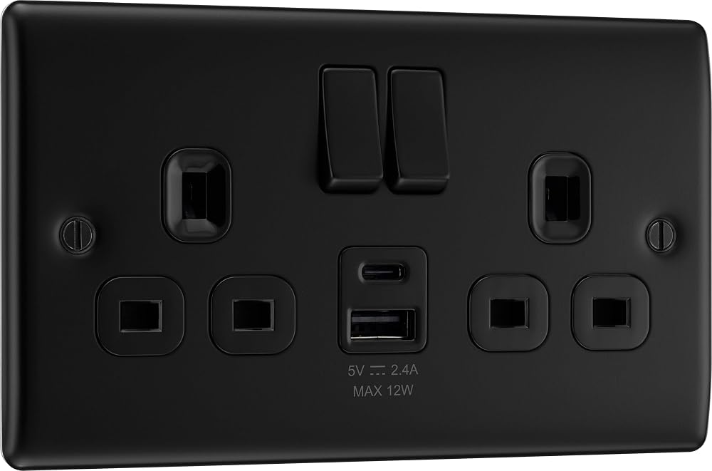 BG Electrical 12W Double Switched USB Wall Socket Type A/C, Matt Black
