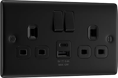 BG Electrical 12W Double Switched USB Wall Socket Type A/C, Matt Black