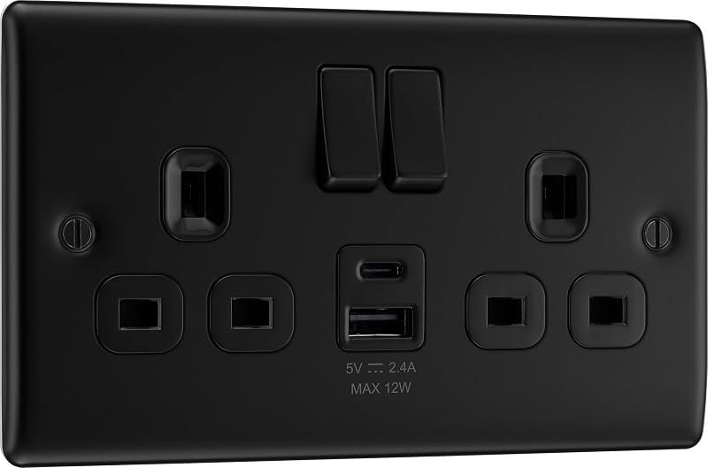 BG Electrical 12W Double Switched USB Wall Socket Type A/C, Matt Black