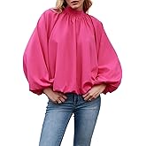 Skoinvb Womens Mock Neck Pleated Blouse Open Back Bow Tie Long Puff Sleeve Loose Fit Casual Shirt Cute Tops Fall