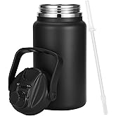 Olerd 1 Gallon Thermosflask with Straw, 135oz Stainless Steel Insulated Water Bottle,4L Oversized Double Wall Vacuum Jug with Handle for Hot Cold Drinks, Wide mouth Icebuckets for Hiking Sports(Black)