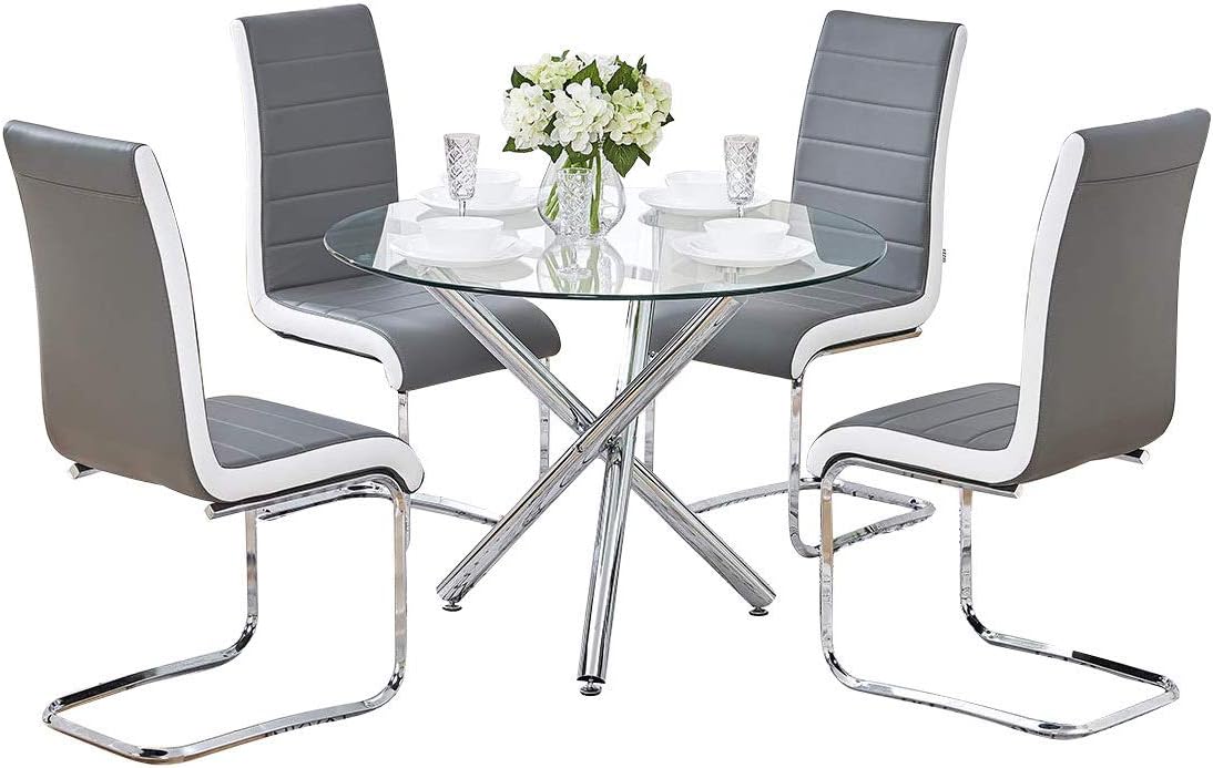 Boju Modern Dining Room Chairs And Round Table Set Of 4 Black Faux Leather Kitchen Chairs Upholstered Clear Glass Tempered Dining Table Black Table And 4 Chairs Dining Room Sets Home